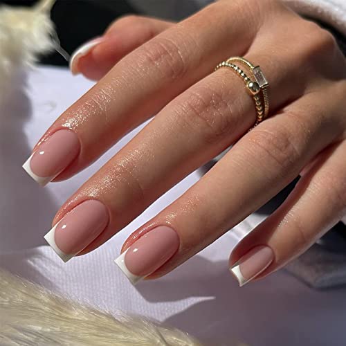 White French Tips Press on Nails Medium coffin,KQueenest Soft Gel Natural Nude Fake Nails Acrylic Customize Nails|UV Finish Medium Square Neutral Reusable Glue on Nails
