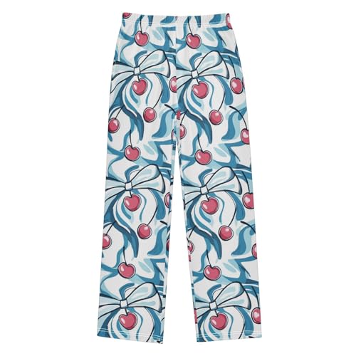 Pajama Bottoms, Cherry Pattern with Blue Bow Sleeping Pant Lounge Wear Pajamas Long Pants Sleepwear Pjs