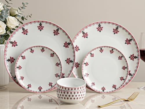 Image of Bodhi House Premium Porcelain Dinner Set 6 Pieces Serving for 2 | Pink Blossom Floral Design | Microwave & Dishwasher Safe | Crockery Set | Dinnerware Set for Home, Dining, Kitchen & Gifting