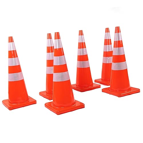 Traffic Cones, 6Pcs Traffic Cones Weather Reflective Square Base Road Cones for Parking Lot Camping Red (36in / 91.44cm Without Handle)