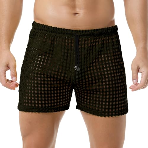 DTODWW Mens Fishnet Underwear Boxer Shorts Mesh Trunks See Through Shorts with Drawstring Nightwear Shorts