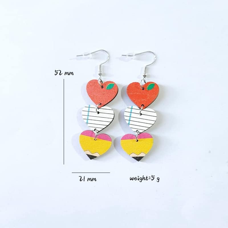 Teacher Stud Earrings Set Colorful Crayon Pencil Ruler Heart Shape Teacher's Gift Rainbow Dangle Earrings Bulk Wooden Jewelry for Women for school first day，back to school student jewelry-4pairs - Image 3