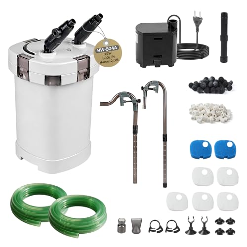 EXLECO Pompe Aquarium Externe Réglable 800L/H 15W, Silencieux Filtre Aquarium avec Matériel de Filtration à 3 Étapes, pour Réservoir Jusqu’à 300 L,...