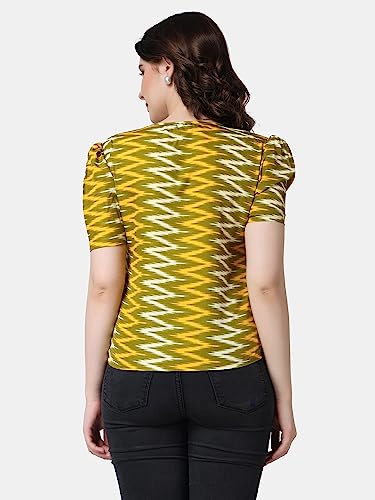 Image of POPWINGS Casual Printed Puff Sleeves Round Neck Top for Women || Stylish Summer Tops for Women || Hip-Length Women Top