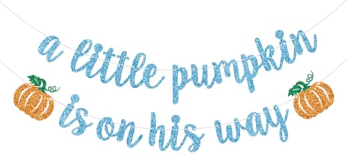 Pancarta con texto en inglés "A Little Pumpkin is on His Way", decoración de baby shower de calabaza, decoración de fiesta de cumpleaños, decoración de fiesta de cumpleaños, purpurina azul