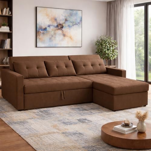 Image of Emilio 4 Seater RHS L - Shape Pull-Out Sofa Cum Bed Sofa for Living Room (Brown Fabric Color) Premium Fabric Sofa Set for Living Room Sofa Cum Bed