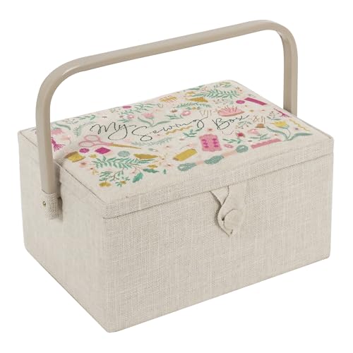 Hobby Gift Medium Sewing Box Organiser Fabric Covered Storage Box with Handle Internal Tray Pin Cushion and Pocket for Sewing Quilting and Knitting Supplies