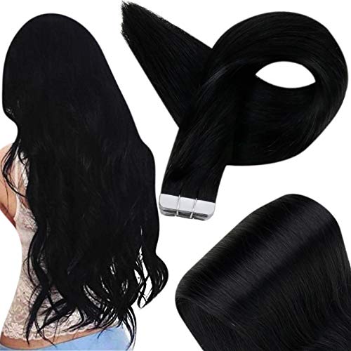 Fshine Tape in Hair Extensions Human Hair Color 1 Jet Black Tape in Hair Extensions 14 Inch Remy Hair Extensions Tape in 50 Grams Invisible Tape in Extensions 20 Pieces