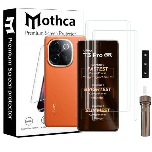 Image of Mothca Curved UV Tempered Glass Screen Protector for Vivo T3 Pro 5G | Transparent | Pack of 2 | Borderless Full Screen Coverage with UV Installation Kit