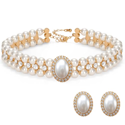 XZQTIVE White Bead Necklace For Cavewoman Dress Vintage Pearl Jewelry Sets with Rhinestone for Wedding Tea Party Halloween