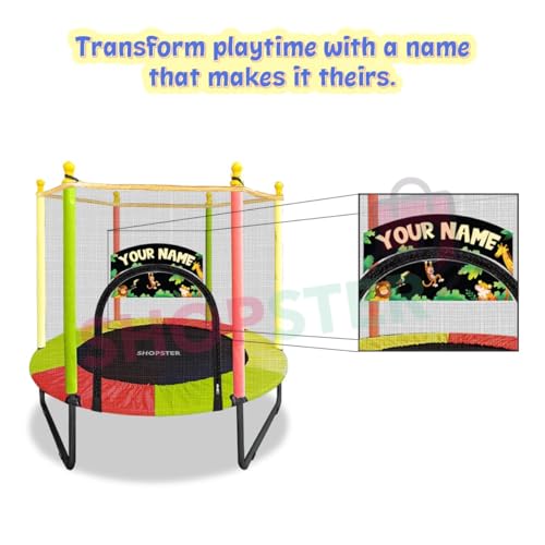 Image of Shopster 55-Inch Kids Personalized Round Trampoline with Safety Enclosure Net - Padded Spring Cover, Durable Steel Frame, Indoor /Outdoor Use, Supports Up to 120 kg - Multicolor