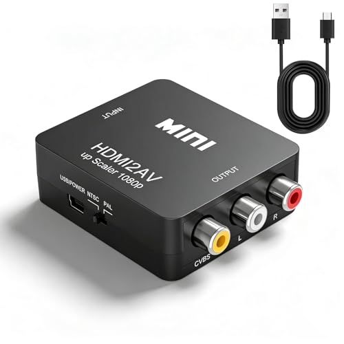 HDMI a AV Convertidor, 3 RCA CVBS Compuesto Adaptador de Video y Audio, Mini Conversor de Señal 1080P/720P a 480i/576i con Cable USB, Compatible para Roku, Chromecast, PC, Laptop, Xbox, PS, DVD, TV