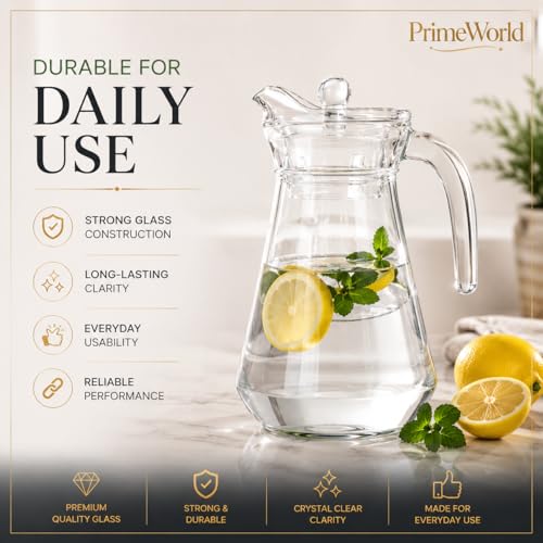 Image of PrimeWorld Premium 7 pcs Set of Water Jug and Glasses Set of 6 Pcs and Jug Set - Glasses 300ML, Jug 1.3 Liter, for Dining Table, Juice, Iced Tea, Milk, Cold Brew Coffee, Lemonade - Fridge Storage
