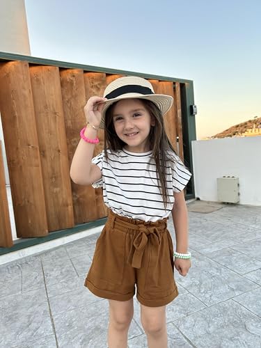 Image of Arshiner Girls 2 Piece Outfit Summer Drop Shoulder Batwing Sleeve Tops and Paperbag Waist Shorts Set Cute Clothing Size 6-14