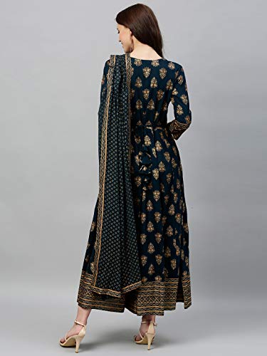 Image of KIPEK Women's Mustard Block Print Kurta with Dupatta - Rayon Fabric, 3 /4 Sleeves, Round Neck and Ankle Length.