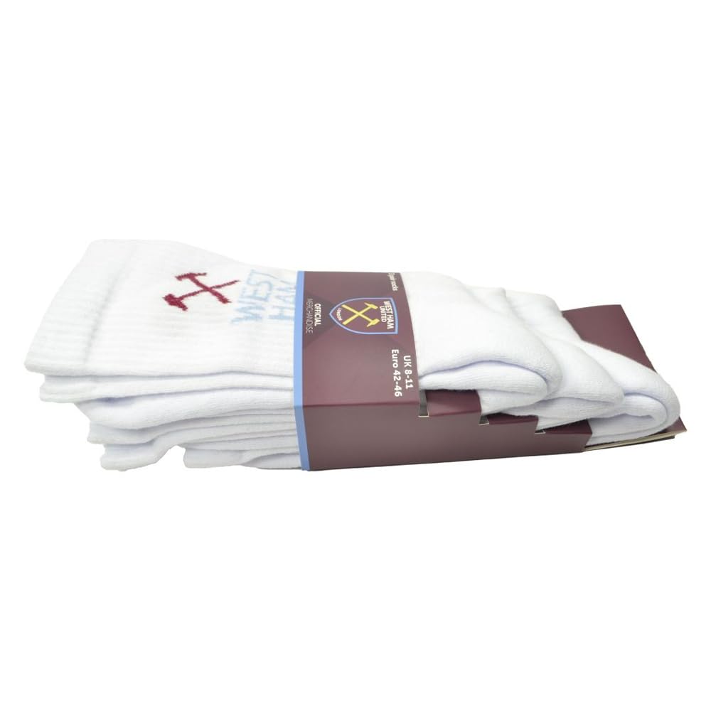3 PACK WEST HAM UNITED F.C. CREST ADULT WHITE SPORTS SOCKS SHOE SIZE UK ADULT 8-11
