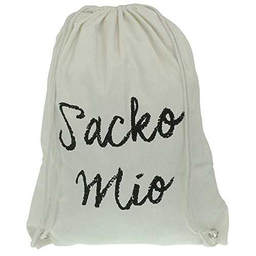 MACOSA WV41854 Turnbeutel Weiß/Schwarz mit Spruch "Sacko Mio" mit Kordelzug Jutebeutel Gym-Bag Festival-Rucksack Sportbeutel Stoff-Tasche Kordel Cover