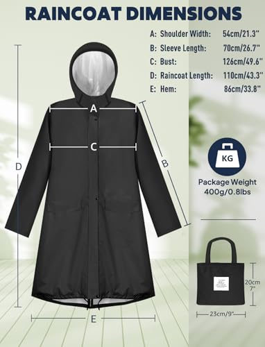 ANYOO Damen Regenjacke Regenmantel Wasserdicht mit Kapuze, Leichter Lange Regenponcho Windbreaker Regenbekleidung, Schwarz,Einheitsgröße