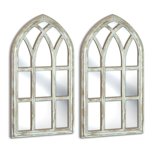 Putuo Decor Set of 2 Gothic Arch Window Frame Wall Decor with Acrylic Mirror Vintage White Cathedral Style for Farmhouse Bedroom Entryway