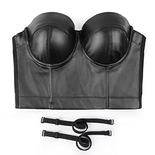 ELLACCI Corpete de couro PU top cropped gótico punk push up top sutiã preto, Preto, PP