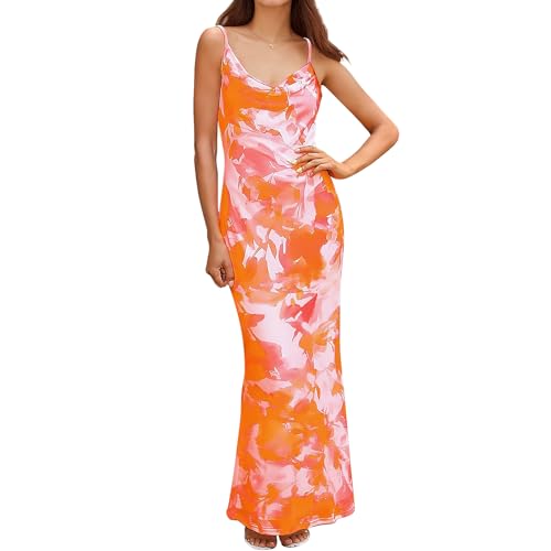 Image of Women's Spaghetti Strap Maxi Dress Floral Print Bodycon Long Dress Summer Beach Vacation Wedding Guest Outfits
