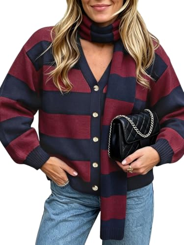 Womens Stripe Long Sleeve Cardigan Sweaters with Scarf - image 1