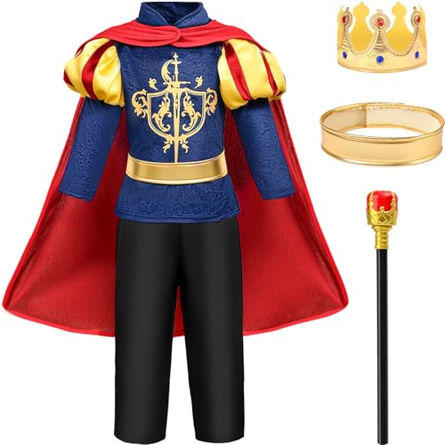 TinkerPlay Costume de Chevalier Prince Roi pour Enfants, Déguisement Médiéval avec Cape et Couronne, Déguisement Chevalier Enfant pour Cosplay, Carnaval et Cadeaux pour Garçons (130CM)