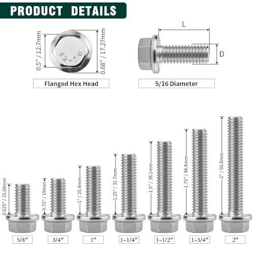 Image of 5 /16-18 x 1-3 /4 inch Flanged Hex Head Bolts Screws, 304 Stainless Steel 18-8, Full Thread, Coarse Thread, 10 PCS