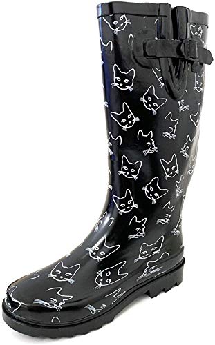G4U Women's Rain Boots Multiple Styles Color Mid Calf Wellies Buckle Fashion Rubber Knee High Snow Shoes (9 B(M) US, Black/White Cats)
