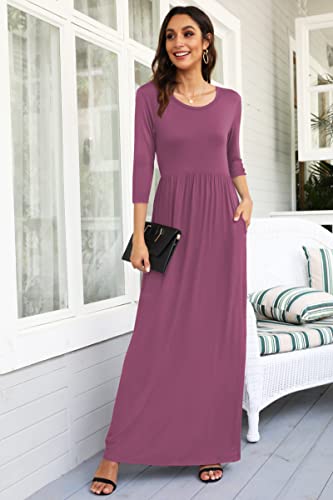 Image of WNEEDU Women's 3 /4 Sleeve Casual Loose Long Maxi Dresses with Pocket | Empire Elastic Waist, Crewneck, Floor Length, Soft Stretchy Flowy, Formal Dress, Wedding Wear, Solid Color and Prints