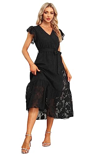 Image of VintageClothing Womens Sundress Casual Floral Summer Boho Dress | Flowy Wrap V Neck Ruffle A-Line Pleated Hem Midi Dresses