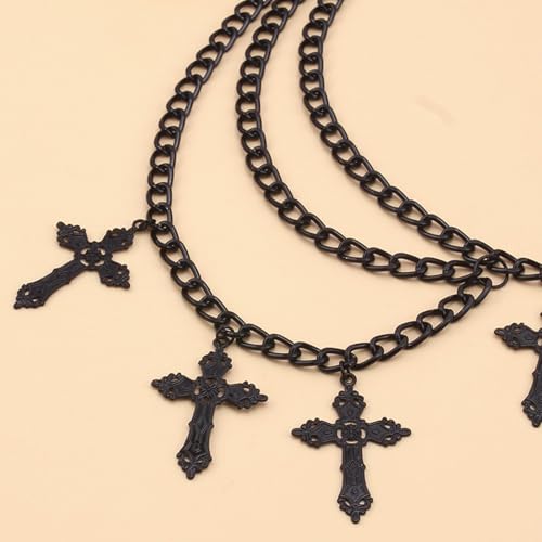 Silver Cross Waist Chain Belt for Women Adjustable Black Body Chain Belt Trendy Tassel Cross Belly Chain Belt Long Metal Link Chain Belt Punk Body Jewelry (layered black)4