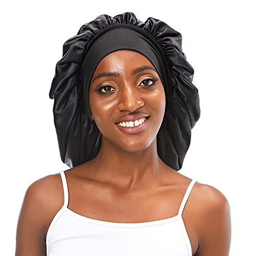 Greatremy Satin Bonnet Double Layer Sleep Cap, Silky Night Hat Wide Elastic Band -Large Bonnet for Women Curly, Long Natural Hair Dreadlocks, Braids, Locs Sleeping Black