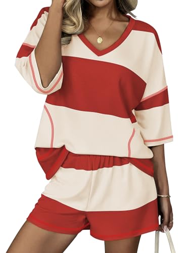Ekouaer Two Piece Sets for Women Summer Lounge Sets 2026 Striped Shirts and Shorts Set Oversized Matching Outfit Red White Combo M