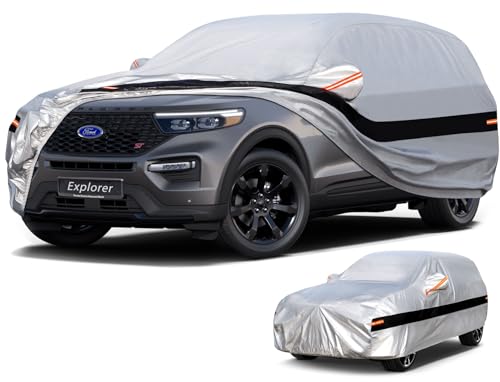 Image of 10 Layers SUV Car Cover Custom Fit for Ford Explorer (2006-2026), Waterproof All Weather for Automobiles, Outdoor Full Cover Sun Dust Rain Protection with Cotton. Silver