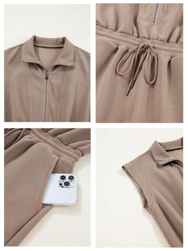 Image of Rompers for Women Summer Short Sleeve Half Zip Lapel Collar Jumpsuit Casual Drawstring One Piece Outfits with Pockets