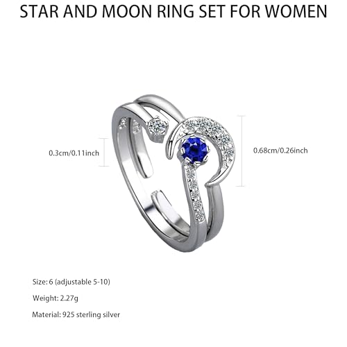 LOVECOM Star Moon Ring Set Stackable Rings for Women Couble 925 Sterling Silver Celestial Matching Adjustable Ring Cute 14k Gold Plated Blue CZ Moon Friendship Promise Ring Jewelry Gifts to Daughter4