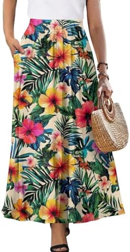 Women's Summer Casual Dress A-Line Midi Elastic High Waist Pleate...