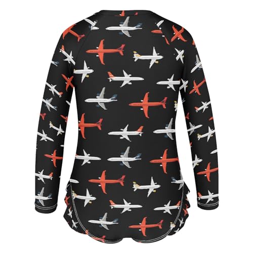 ALAZA Airplane Black Girls One Piece Swimsuit Long Sleeve Rashguard Swimsuit UV 50+ Swimwear Zip3