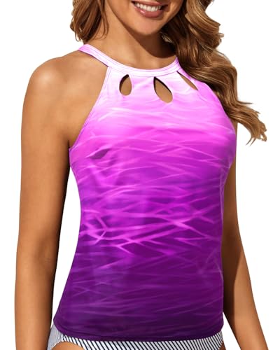 Image of Tempt Me High Neck Tankini Top Backless Bathing Suit for Women Key Hole Swimsuit Swim Top Only