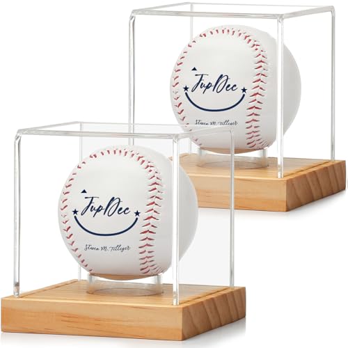 Image of Baseball Display Case, Clear Cube Baseball Holder with Wooden Base, Autograph Baseball Stand Box for Single Ball, Pine Wood, 2 Pack
