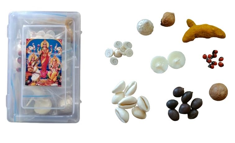 Laxmi Poojan Samagri Kit (Pack of 1-2 Kit) (Include -Moti Sankh, Laghu Shrifal, Sopari, Cow Ghee Diya, White Kaudi, Kamal Gatta, Rakt Gunja, Gomti Chakra, Haldi Gath, Kali Haldi)