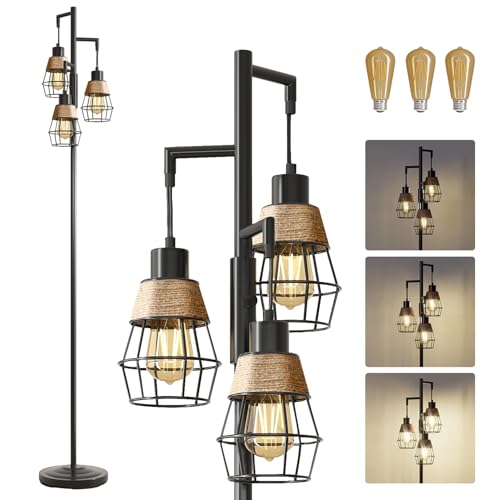 Oneach 68" Floor Lamps for Living Room, Stepless Dimmable Boho Floor Lamp with 3 Bulbs, Tall Farmhouse Industrial Corner Standing Tree Lamp for Bedroom, Office, Study Room, Dining Room, Black