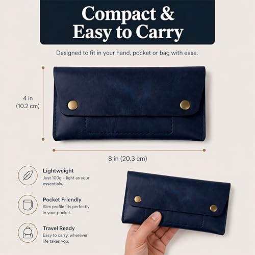 Image of Leather Currency Pouch - Handmade Cash Organizer with Double Button Closure & Zipper Pocket, Compact Money Holder for Travel & Everyday Use, 4 x 8 Inch (Blue)