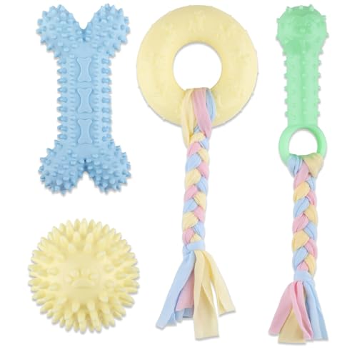 ktxaby 4 juguetes masticables para cachorros para dentición de razas pequeñas, anillo de dentición para cachorros, juguetes de cuerda duraderos de goma suave para perros, juego de juguetes