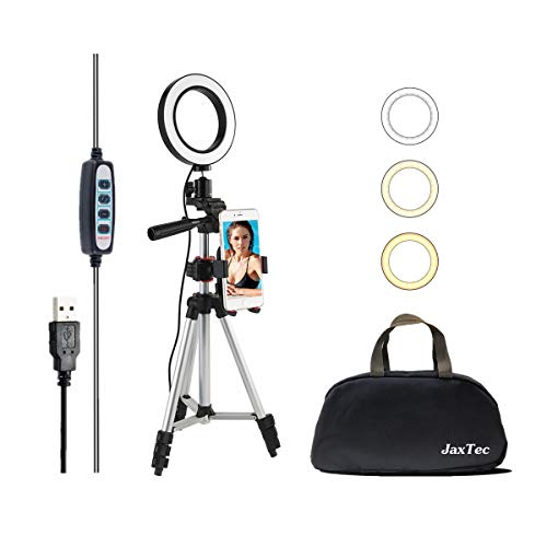 JaxTec Ring Light LED with Phone Tripod Stand Selfie Stick 7.9" for Video and Makeup, LED Flash Light Desktop Tripod Lamp 3 Light Modes & 11 Brightness Level with Free Carry Bag