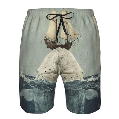 Men's Quick Dry Swim Shorts White Whale Ocean Old Sailing Vintage Beach Trunks with Pockets3