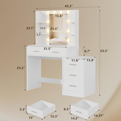 Image of Furmax Makeup Vanity Desk with Mirror and Power Outlet, Vanity with 3 Color Light Options Adjustable Brightness, Vanity Table with 5 Drawers, 6 Storage Shelves, Nightstands (White)