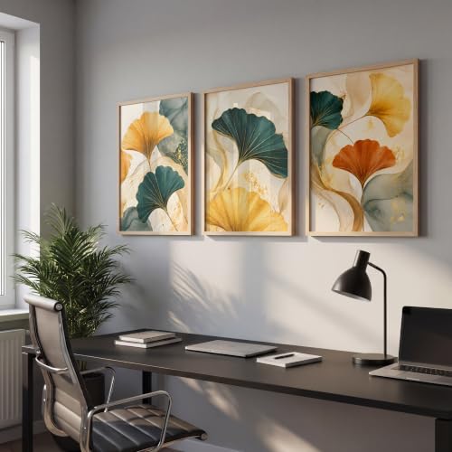Image of NoWorries Abstract Ginkgo Leaf Wall Art Frames Set of 3 | Modern Botanical Look Paintings with Gold & Teal Leaves | Premium 300 GSM Prints in Synthetic Wooden Frames | Living Room, Bedroom, Office & Home Decor (NATURAL, ART-15, 10X13INCHES)
