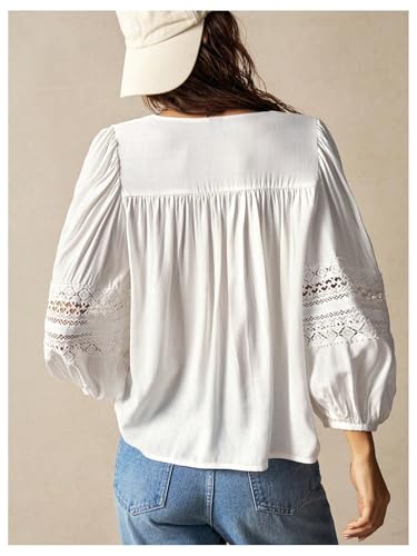 SHENHE Women's Boho V Neck Lantern Sleeve Oversized Embroidered Peasant Blouse Top Shirt2